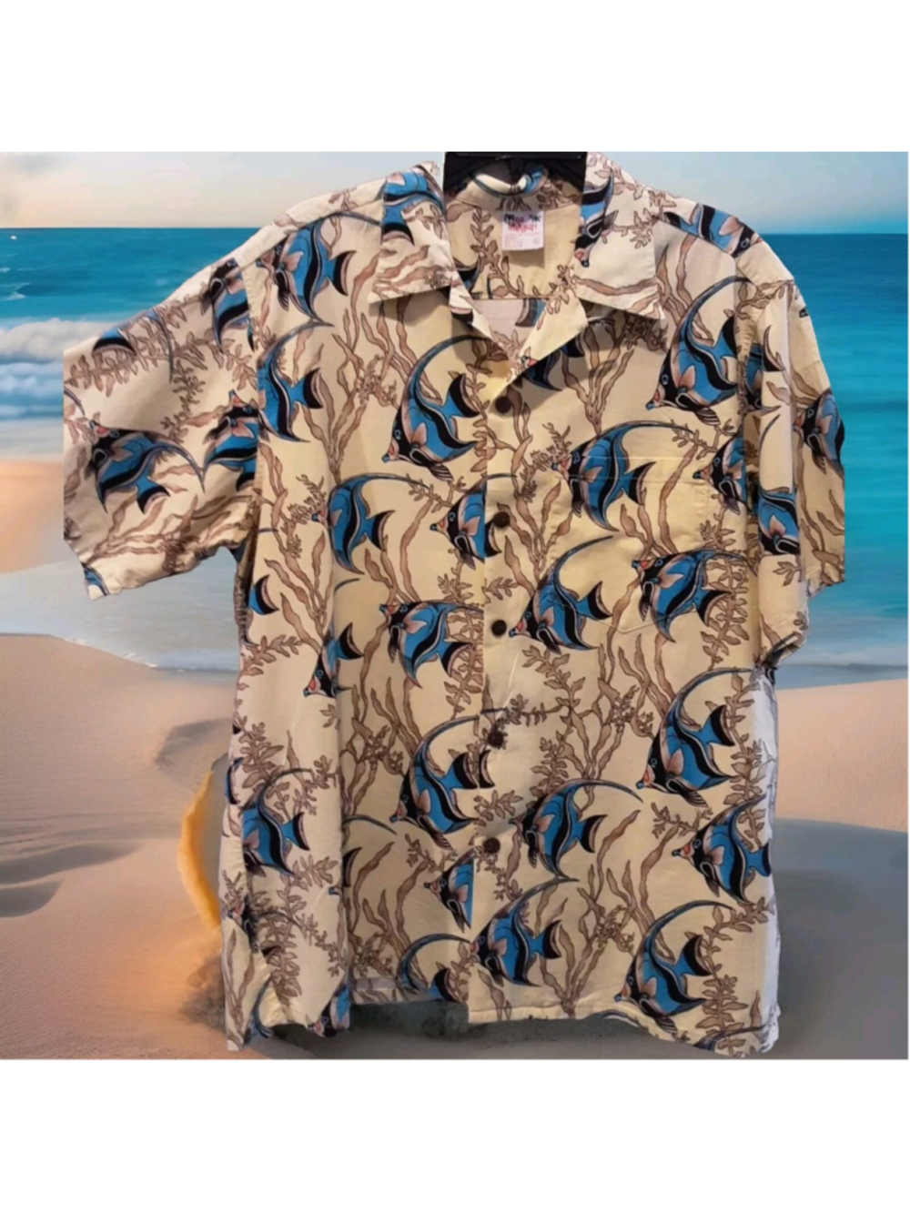 GO BAREFOOT Vintage Hawaiian Mellow Yellow Blue Fish Aloha Shirt Made USA Sz XL - Picture 13 of 14